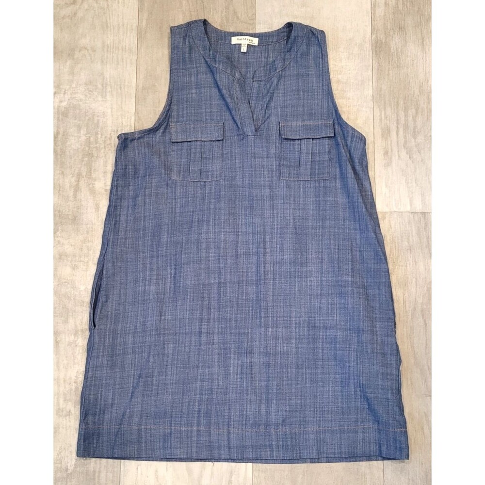 Monteau Chambray Denim Dress Size L Cotton Sleeveless Shift Pockets Knee Length